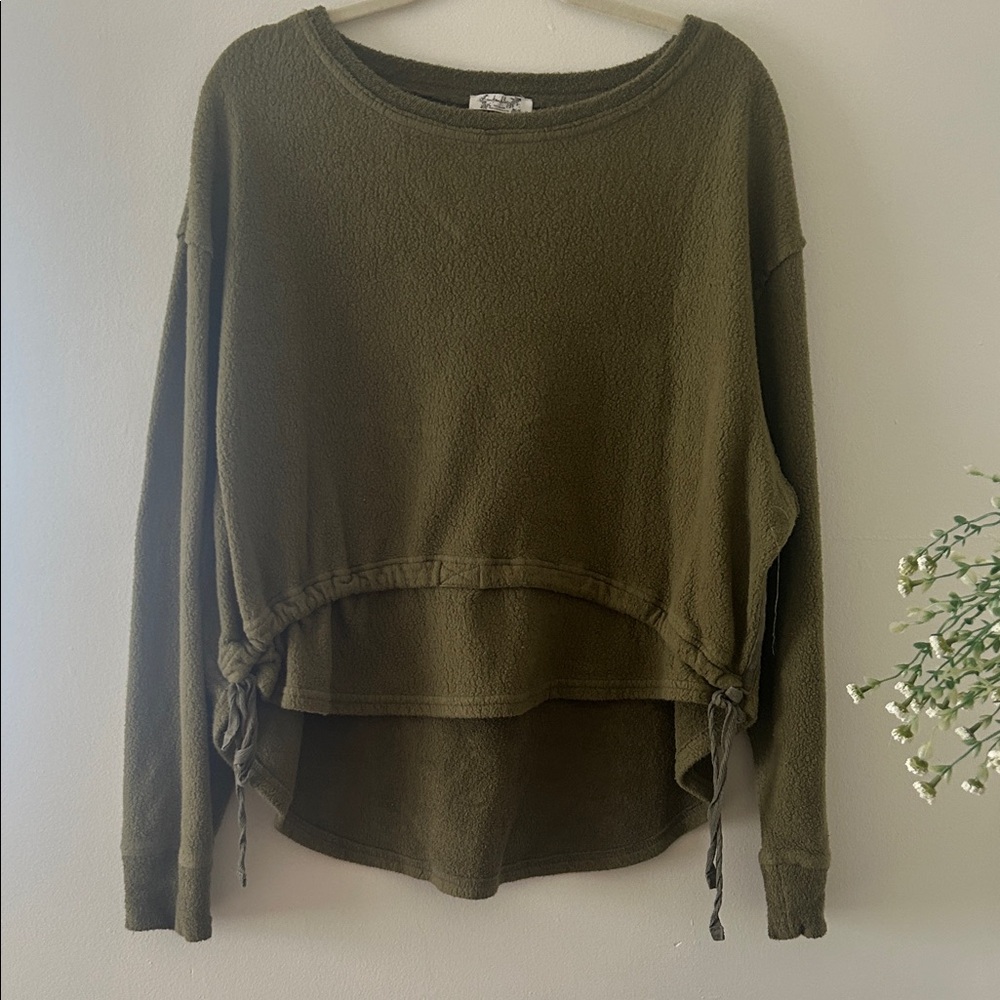 Free People Olive Green Sweatshirt with Drawstring Accents